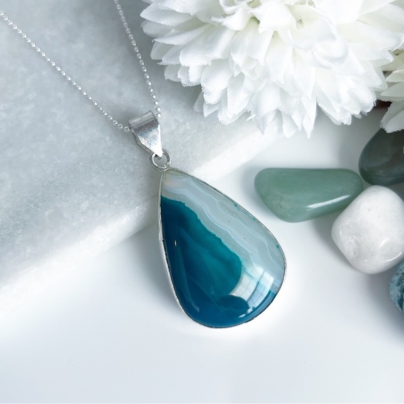 Teal Lace Onyx Gemstone Pendant Necklace Sterling Silver 925 Pear Cut New - Picture 2 of 10